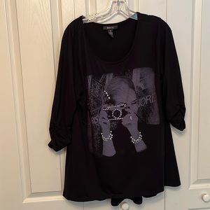 Style & Co black and violet ruched sleeve long top